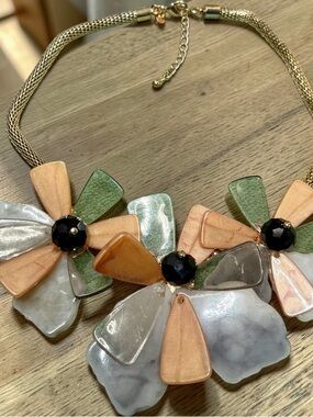 Beautiful Floral Statement Necklace in Peach, Green & Pearl